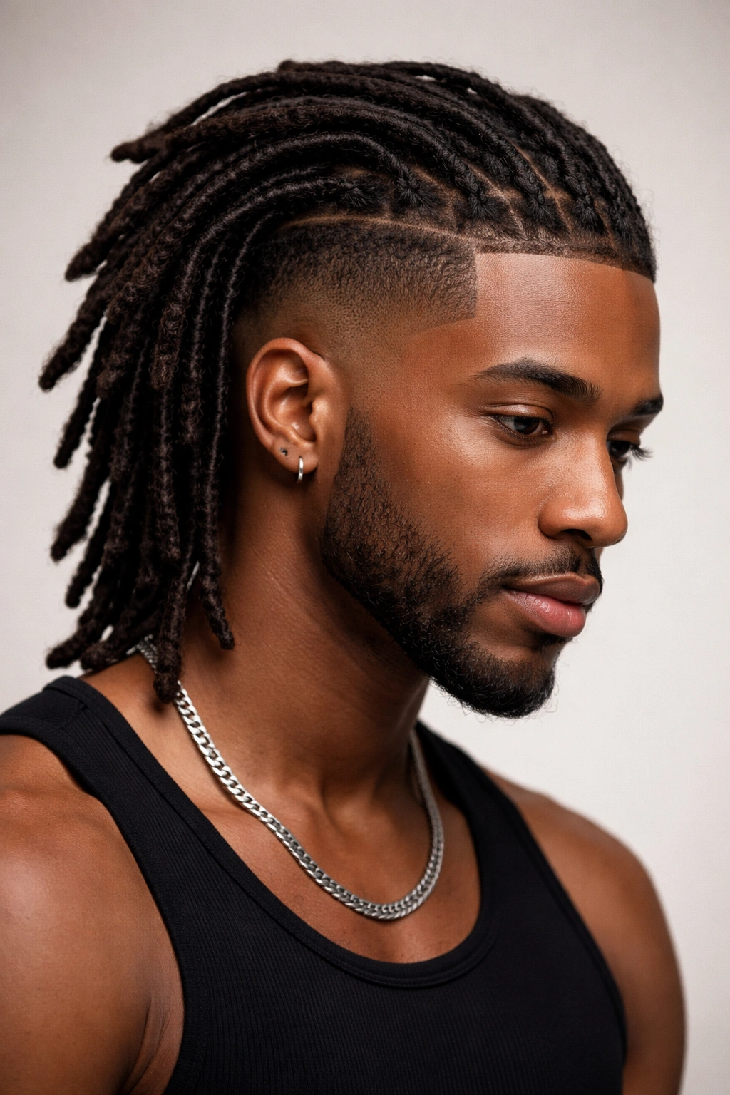 Close-up portrait of dreadlocks with a perimeter fade and cascading top locs