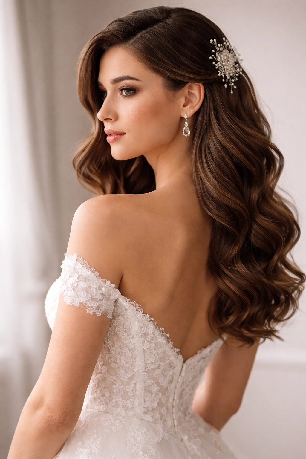Hairstyle coordinated with open neckline wedding dress