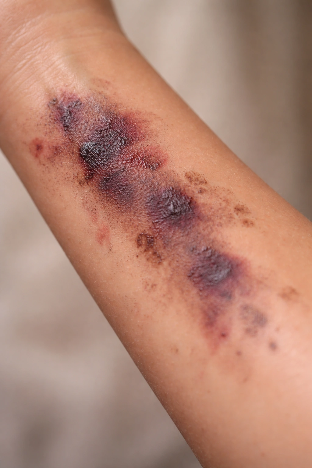 Dried dye patches on skin fading over time