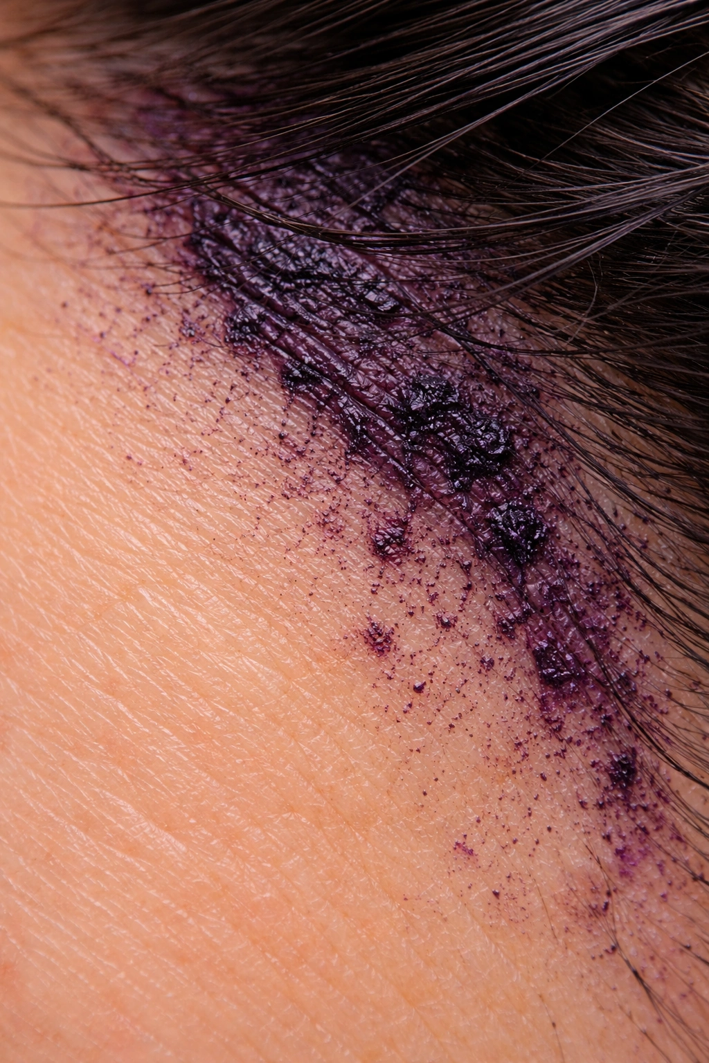 Close-up of dried hair dye on skin showing pigment settled in pores