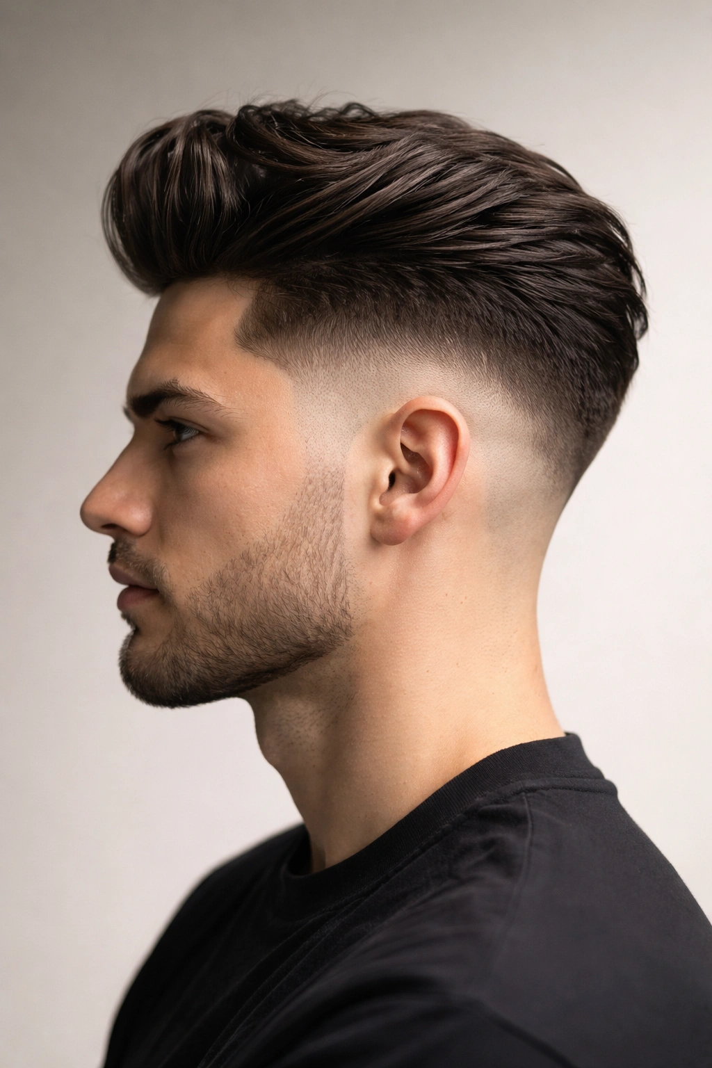 Side profile of a man with a drop fade and long top