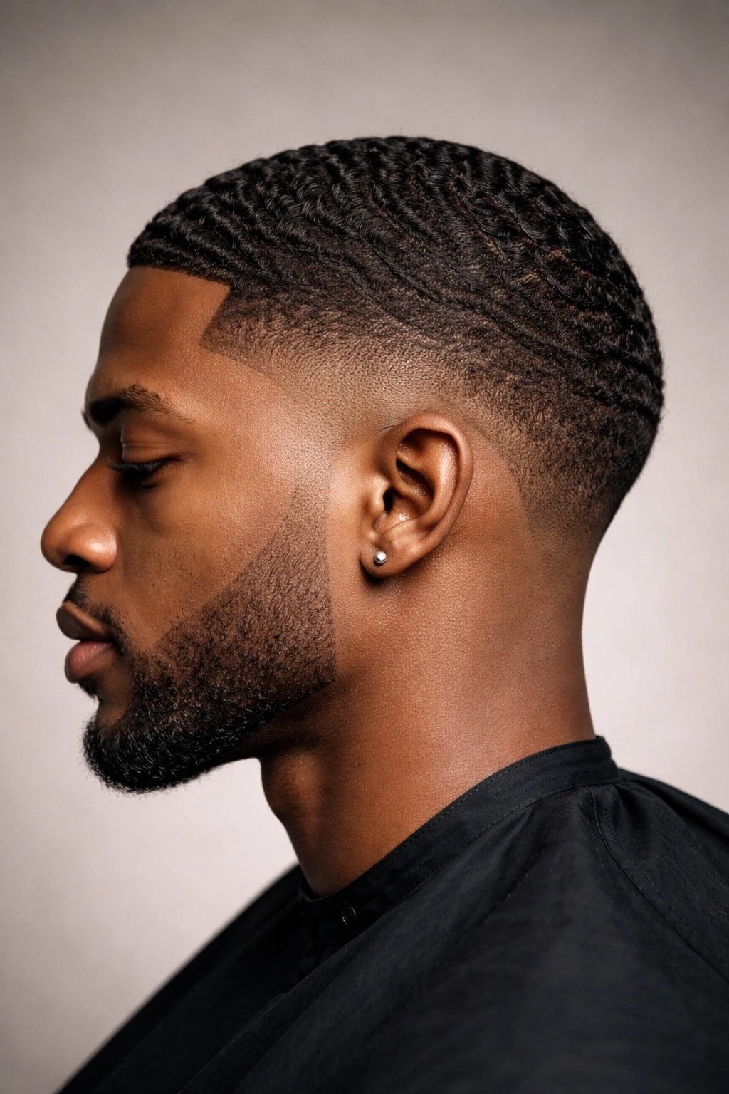 Side-profile of a Black man with a curved drop fade behind the ear