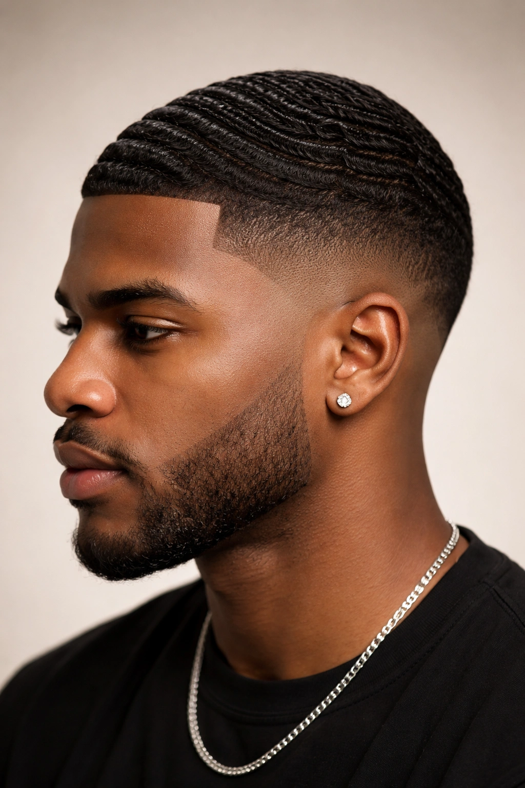 Portrait of a Black man with a drop fade and waves, curved behind the ears.
