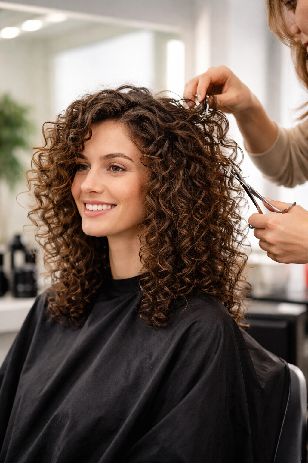 Curly hair being dry-cut with defined curl pattern