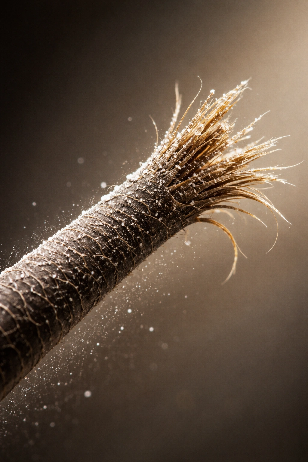 Close-up of brittle dry hair strand with split ends