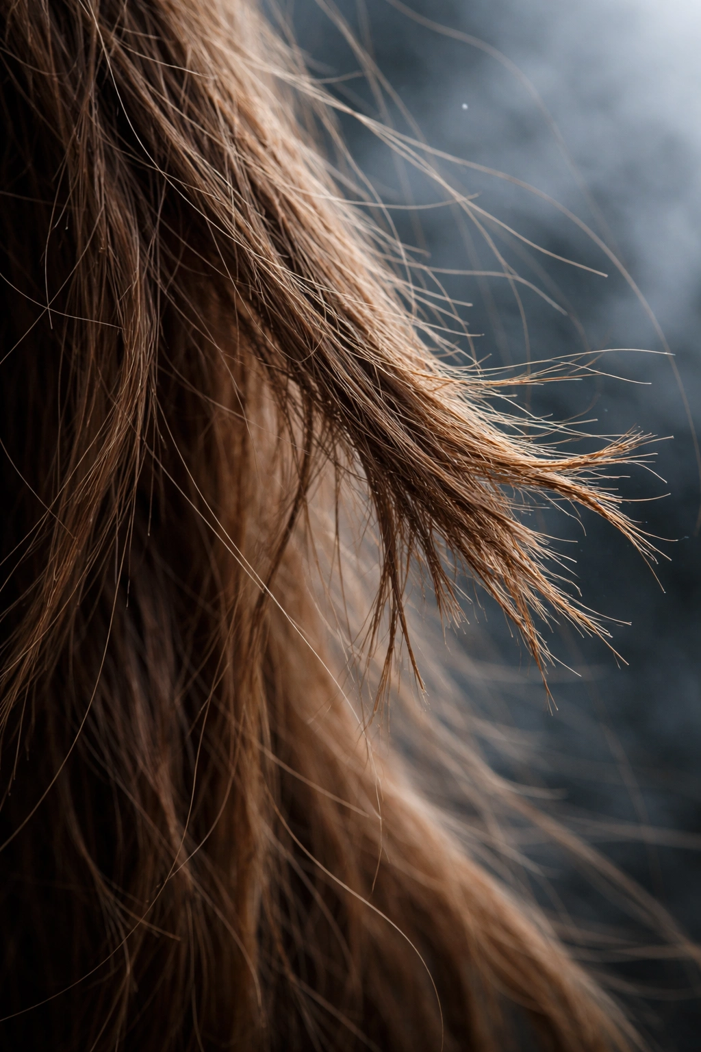 Close-up of a dry, brittle hair strand with split ends illustrating causes of dryness