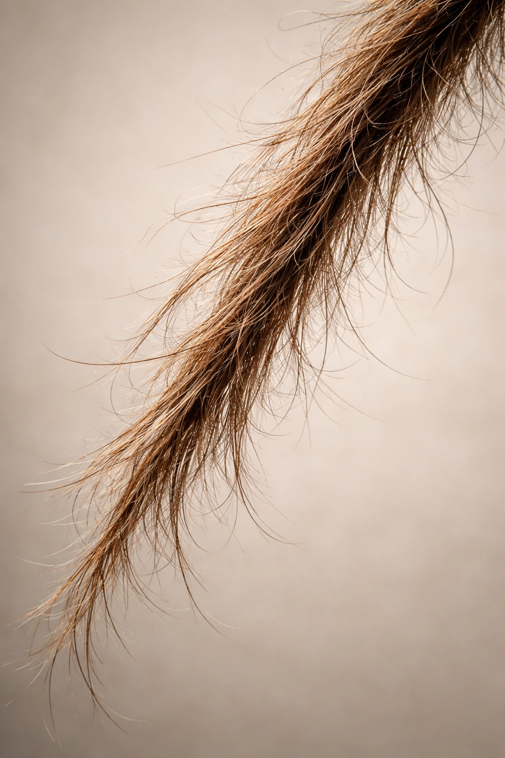 Close-up of a dry, frizzy hair strand against a plain background