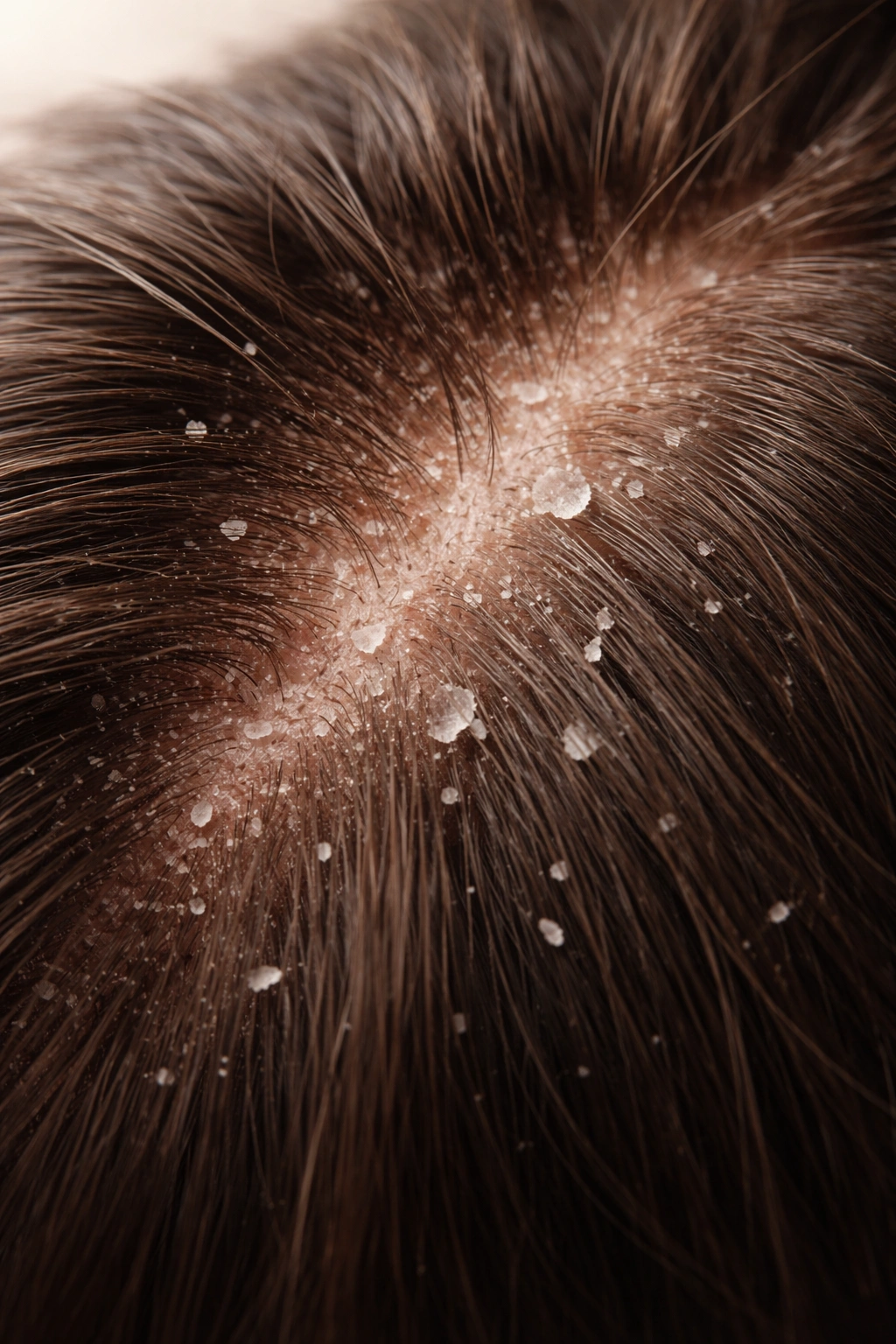 Close-up of dry scalp with fine white flakes and dry skin