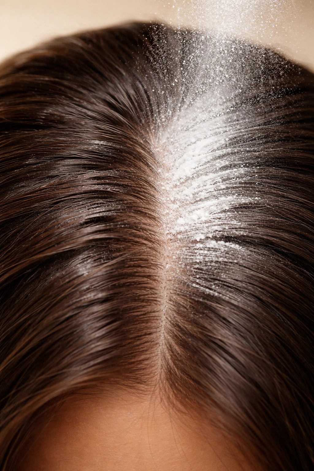 Close-up of scalp with dry shampoo powder absorbing oil at roots
