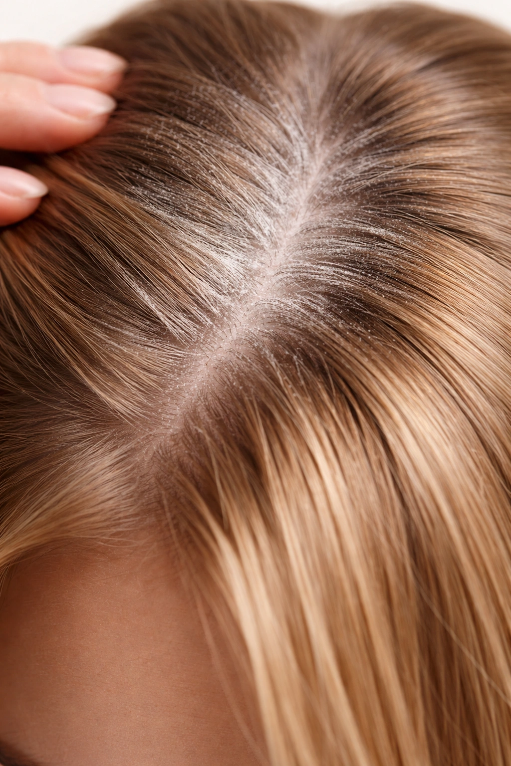 Hair roots with subtle powdery residue suggesting dry shampoo