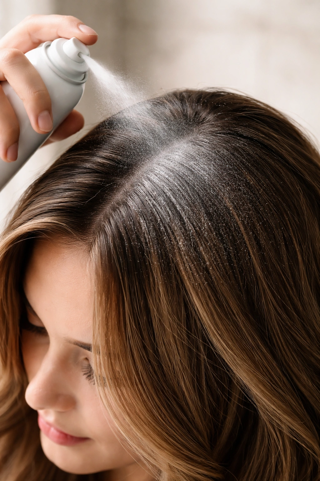 Hair with dry shampoo at roots illustrating color maintenance