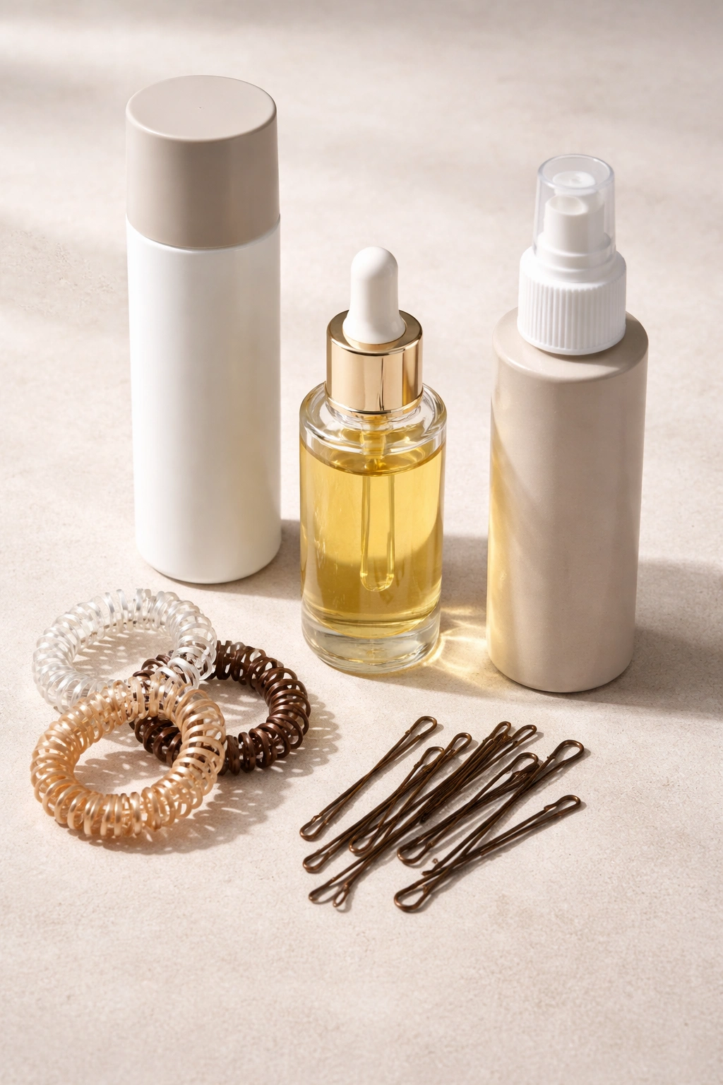 Flat lay of essential student hair products including dry shampoo, hair oil, elastics, and bobby pins.