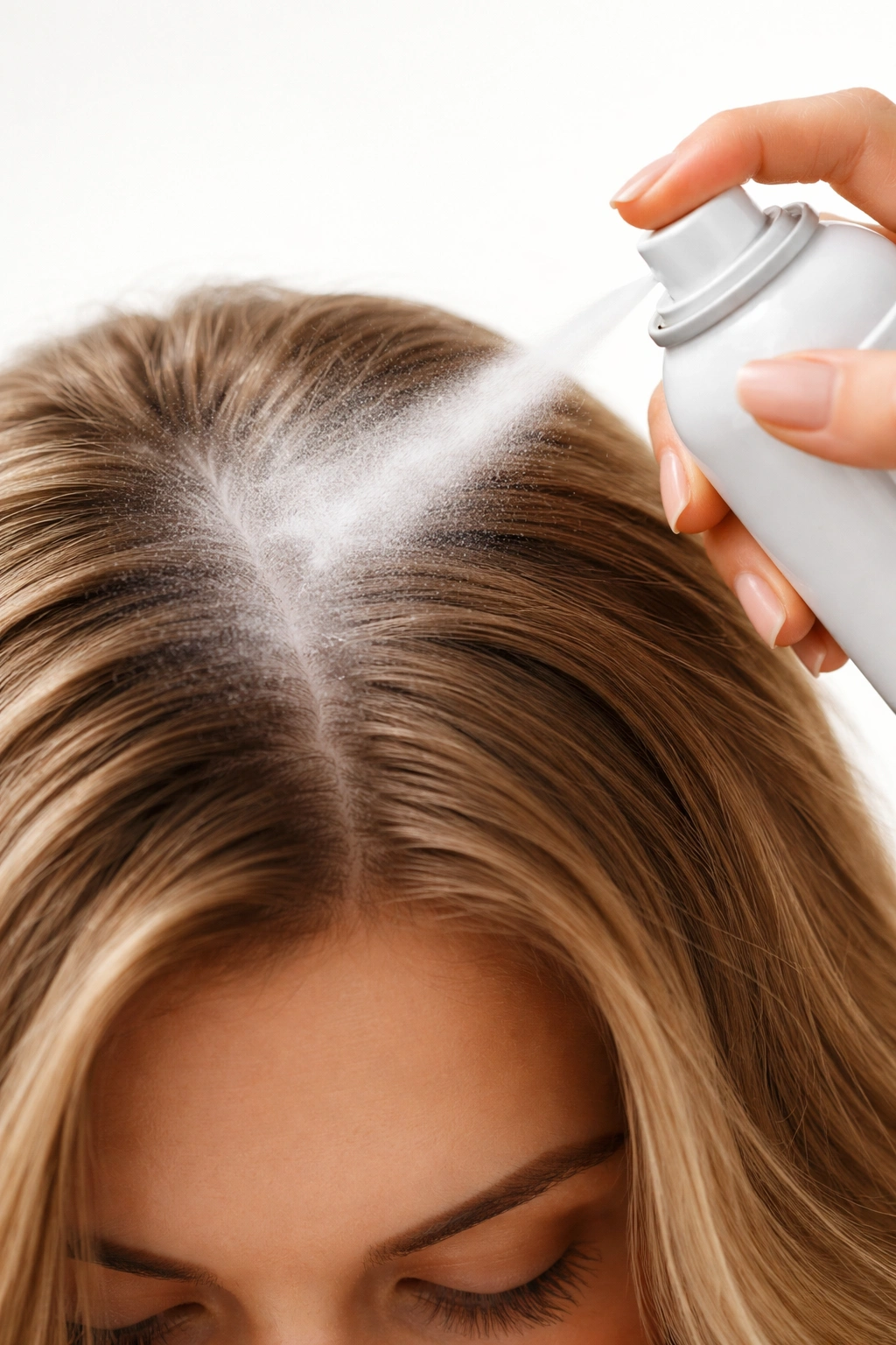 Close-up of roots with dry shampoo powder application