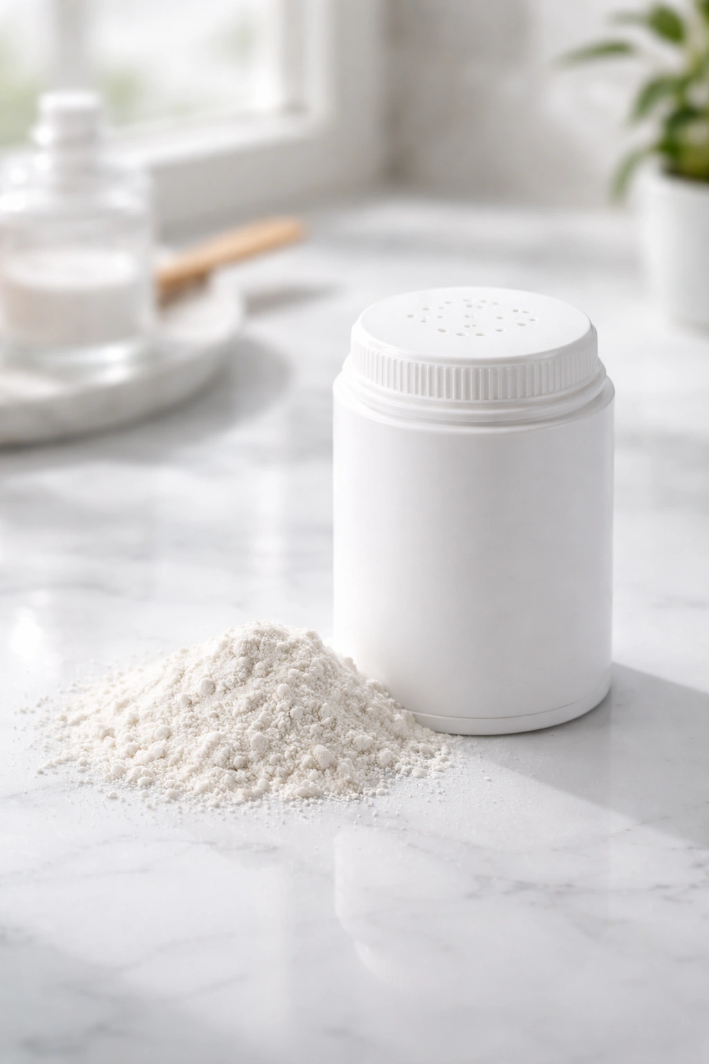 Close-up of powder dry shampoo on a clean surface without labels