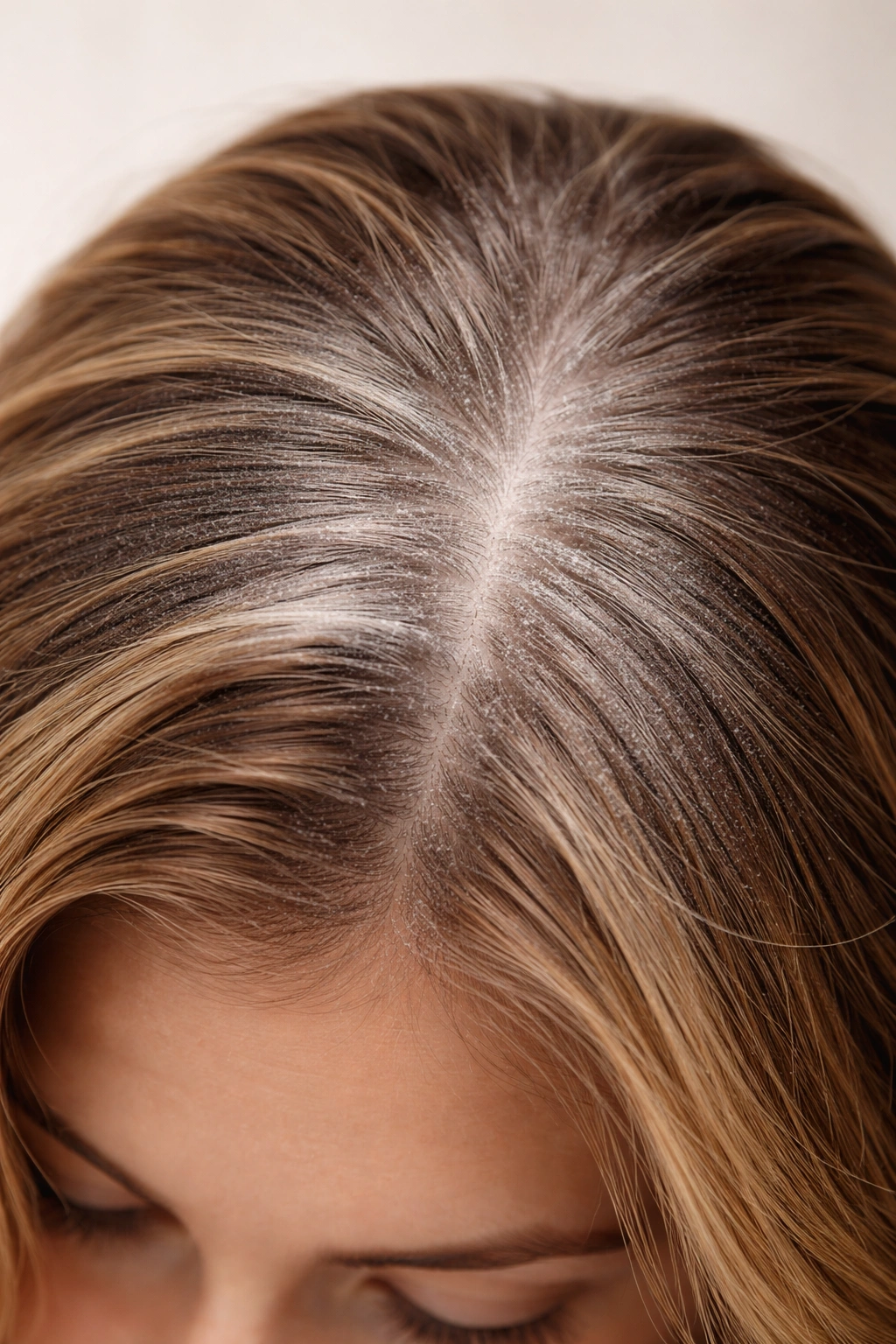 Hair roots with visible dry shampoo residue and dull texture
