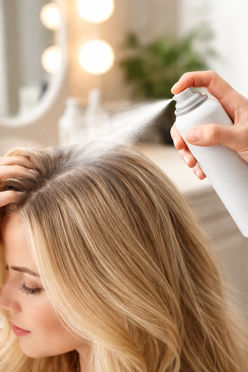 Aerosol dry shampoo can spraying at roots