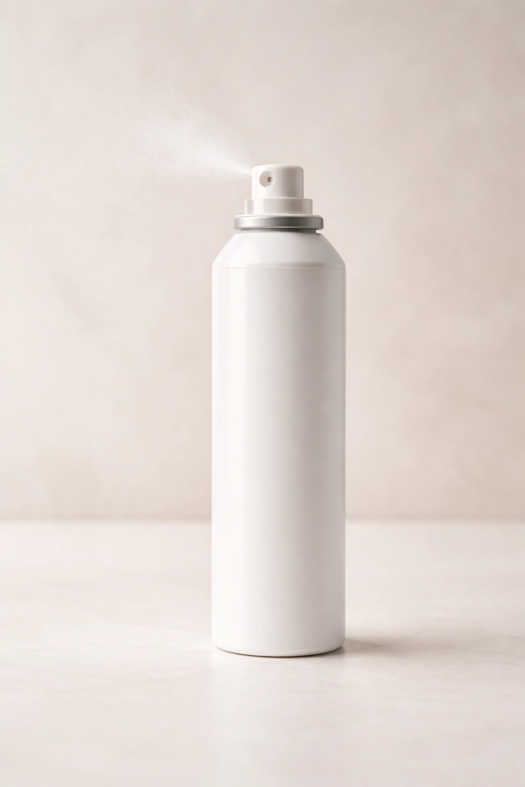 Dry shampoo bottle on a clean surface, representing extended wash intervals.