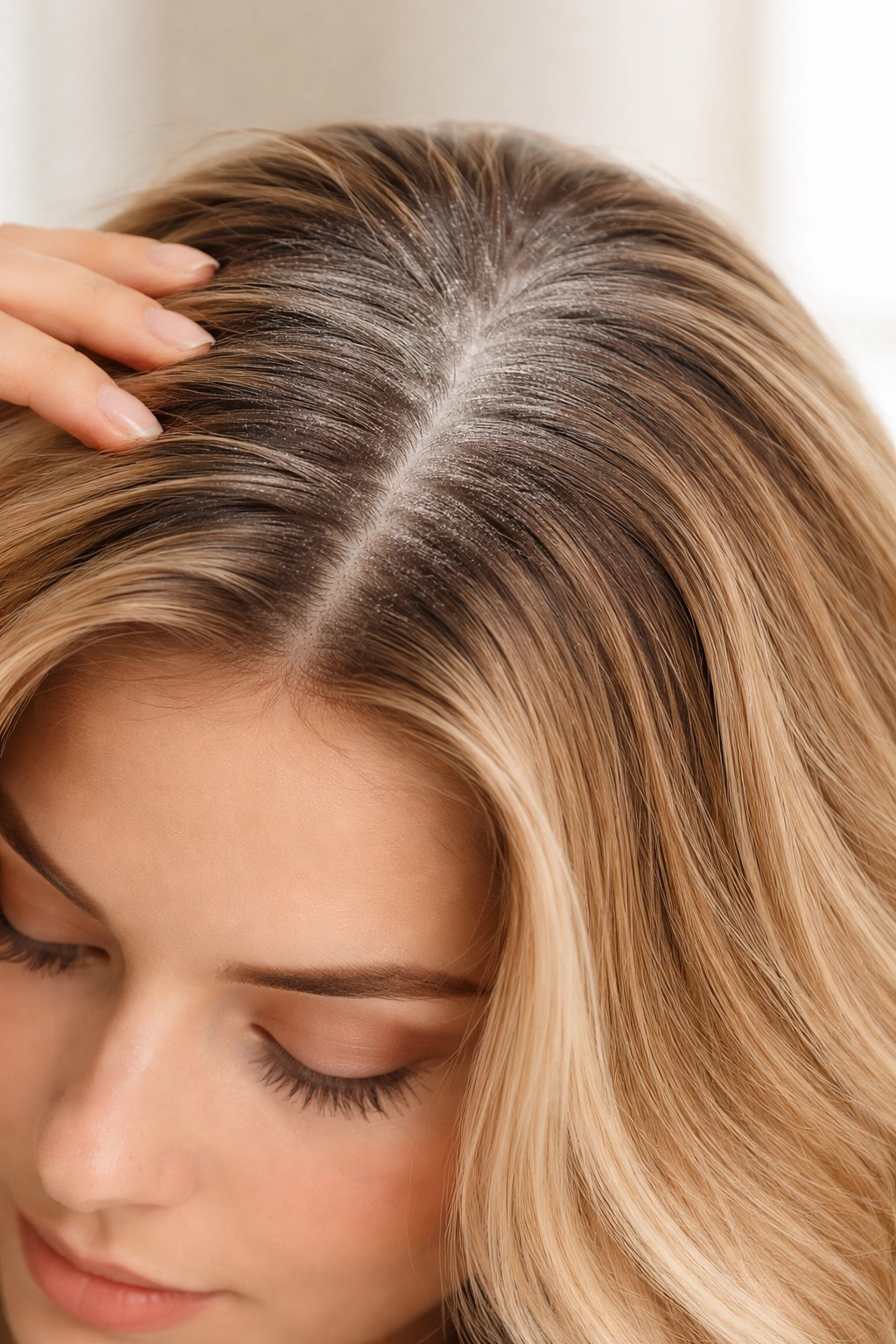 Hair with dry shampoo residue at roots to manage between washes