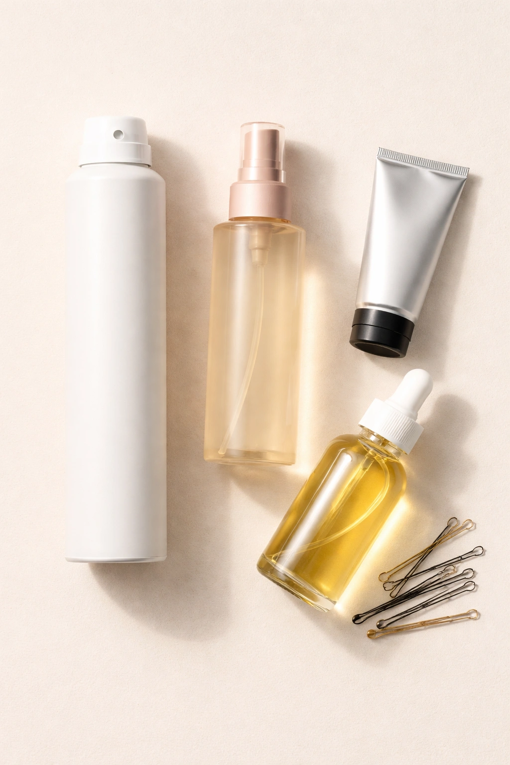 Flat lay of hair products including dry shampoo, texturizing spray, gel, oil, and pins