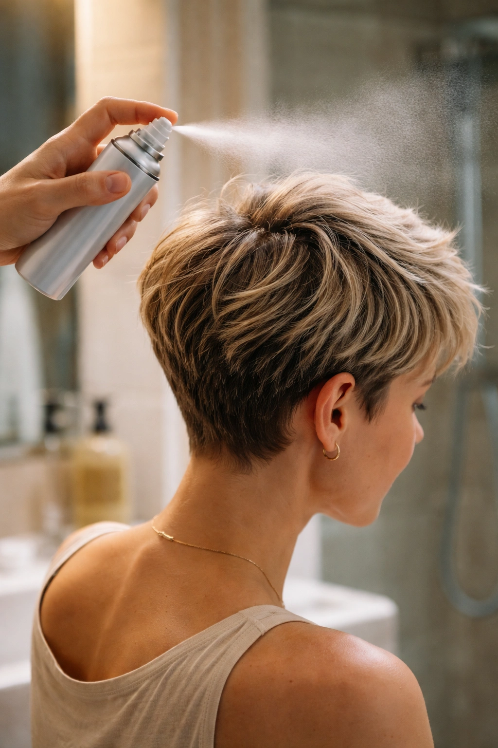 Hand applying dry shampoo to roots of short hair in a hotel bathroom