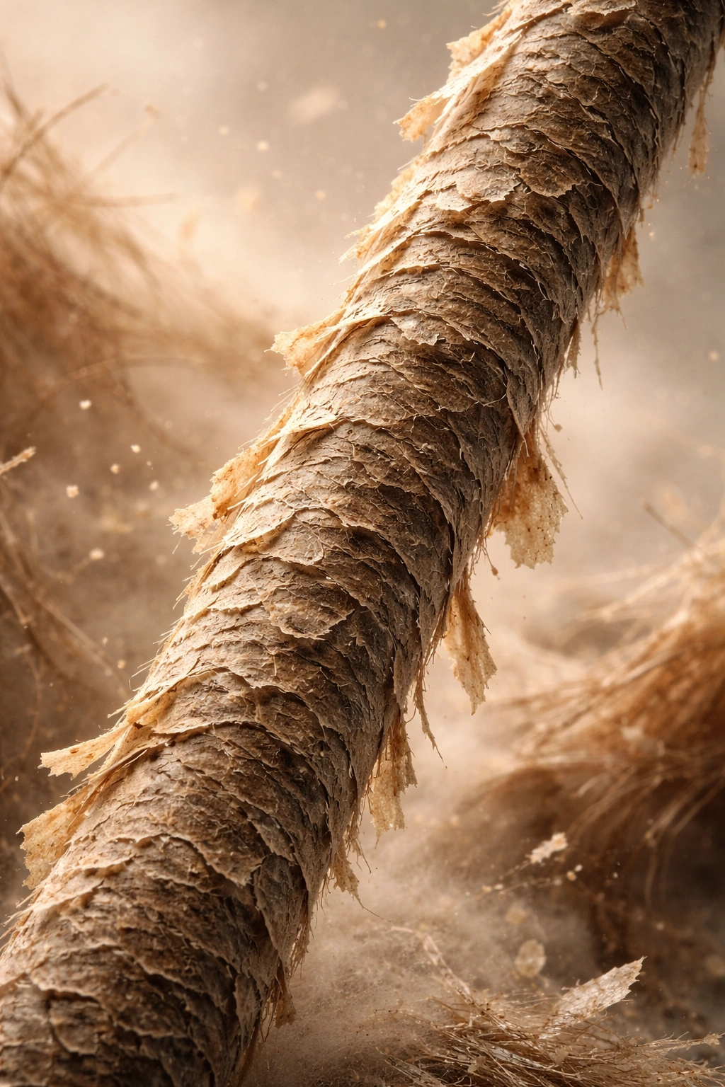 Close-up of a dry hair cuticle with hints of dryness in a clinical setting