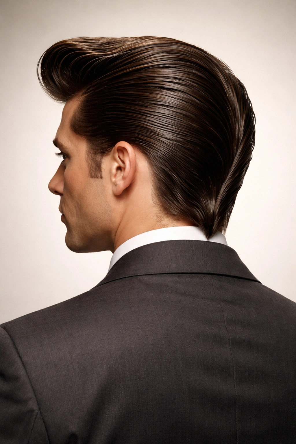 Portrait of a man with a ducktail hairstyle showing the pointed back tail.
