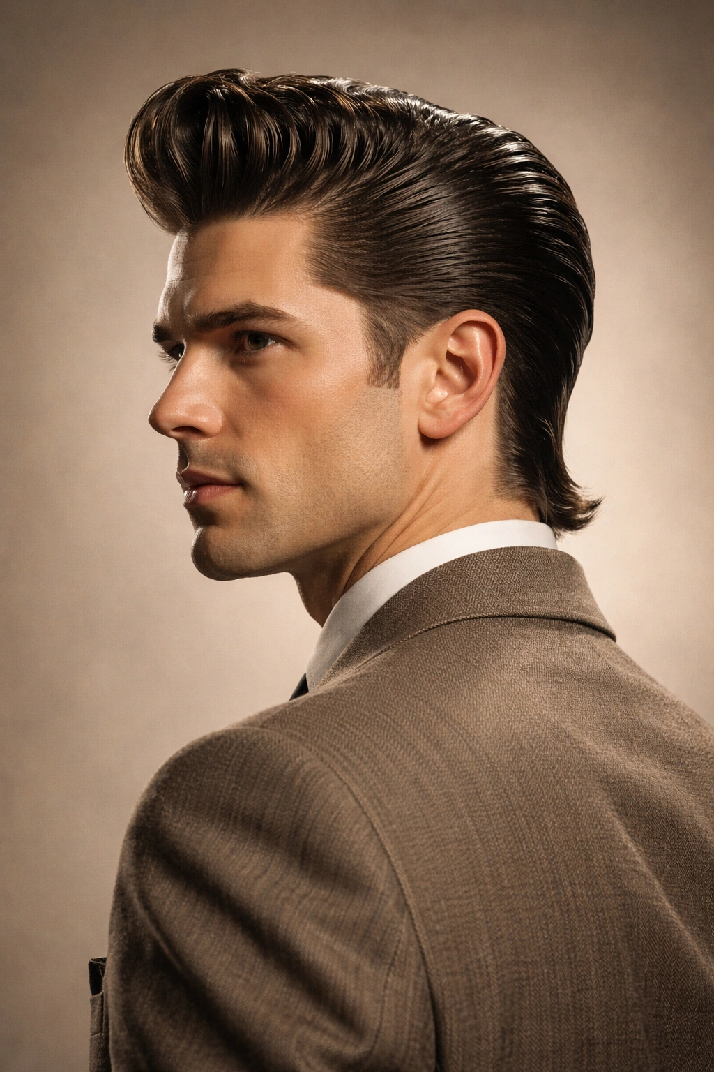 Portrait of man with ducktail pompadour hairstyle showing back tail