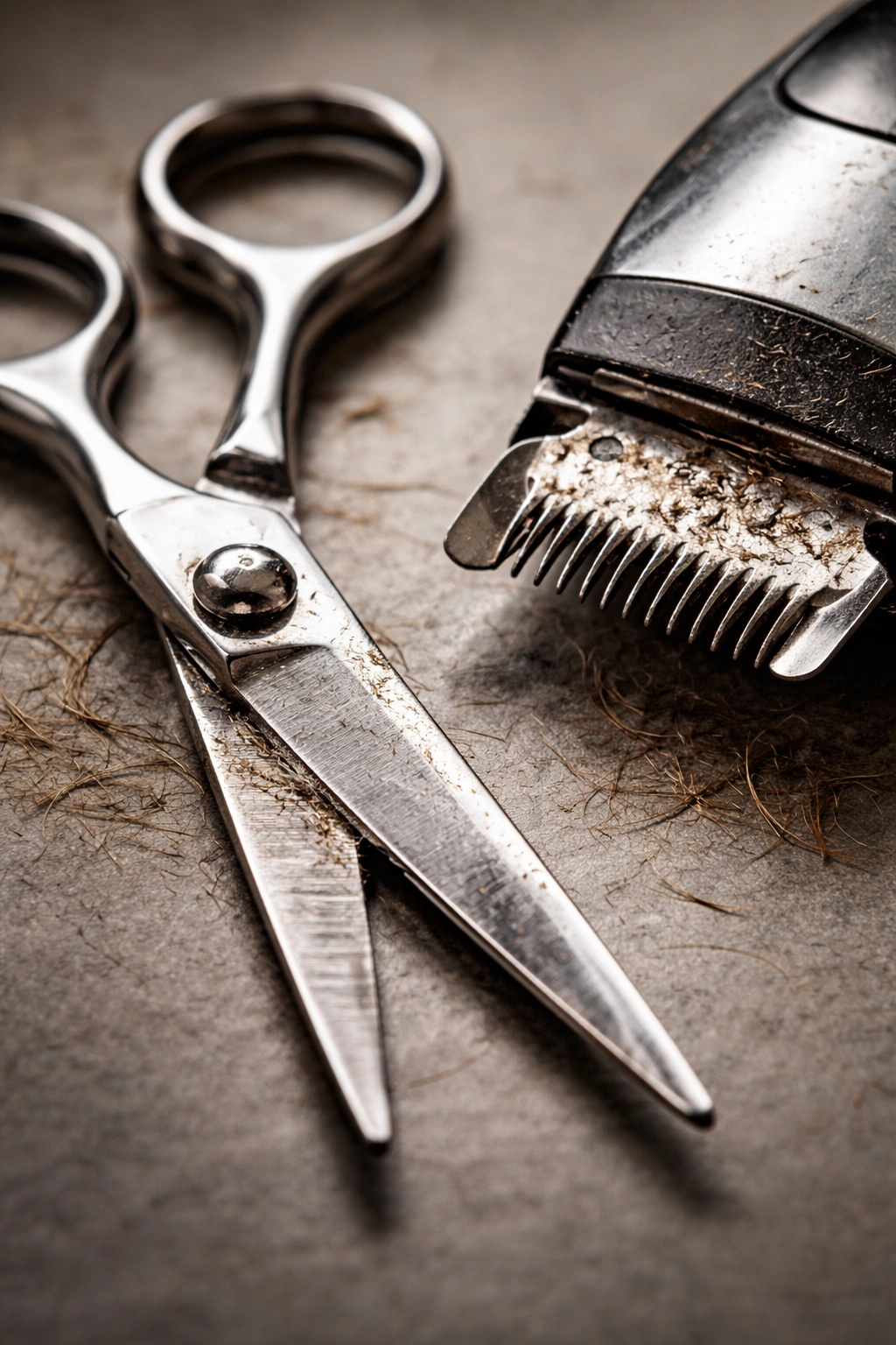 Close-up of dull scissors and clippers with worn blades on a neutral studio surface