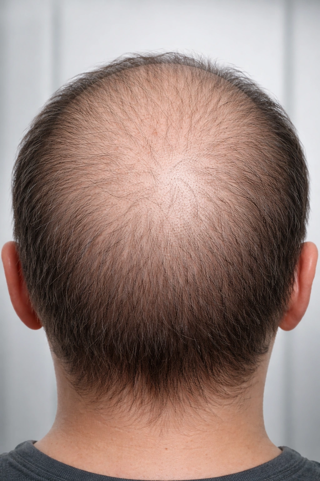 Scalp close-up showing diffuse thinning with no safe donor zone