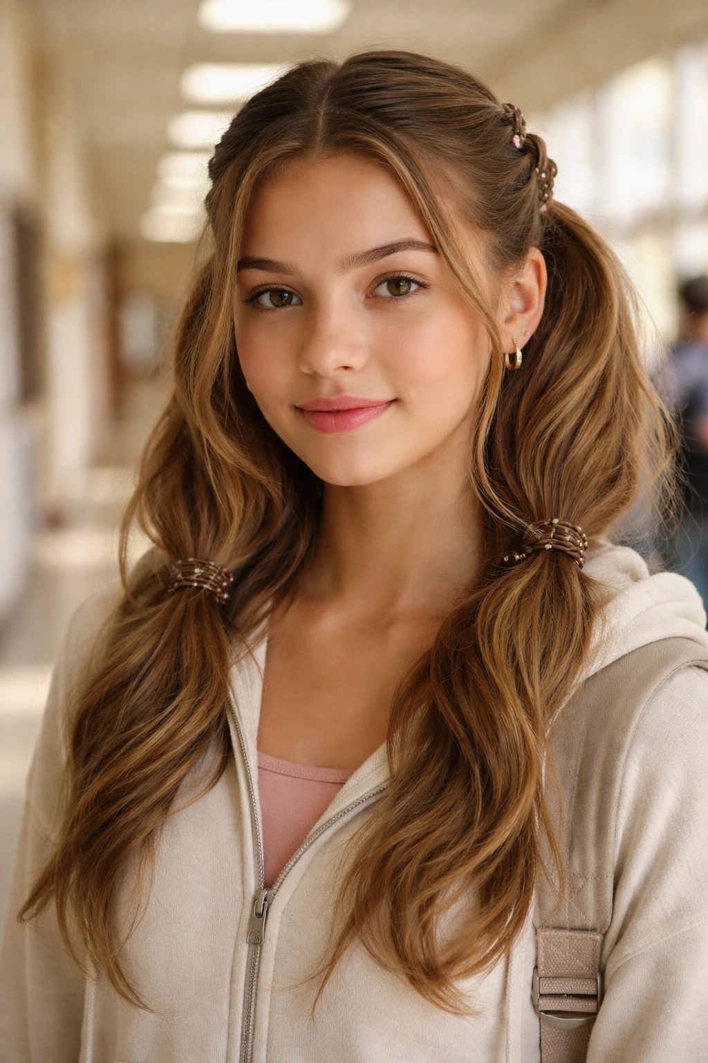 Close-up of a teen girl's durable school hairstyle with textured waves, spiral hair ties, and pins