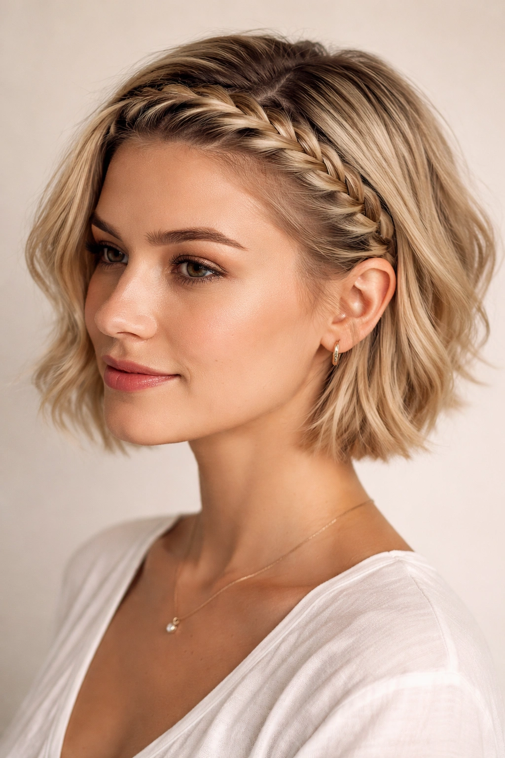 Dutch braid along the hairline forming a decorative band on short hair