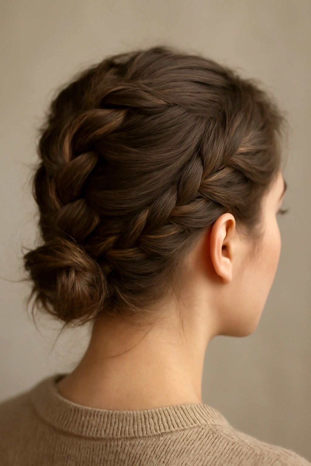 8 Messy Bun Ideas for Short Hair That Actually Stay 4 Crown Dutch braid flowing into a small bun at the base of short hair
