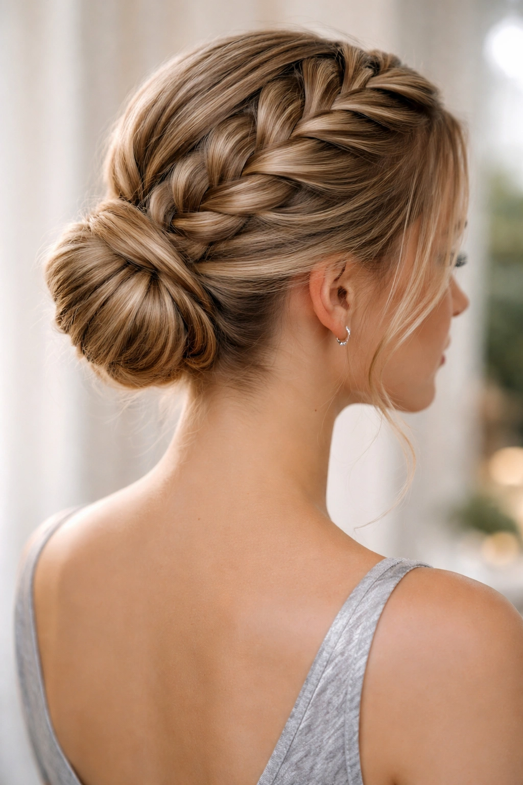Dutch braid into bun hairstyle showing braid into bun on a model