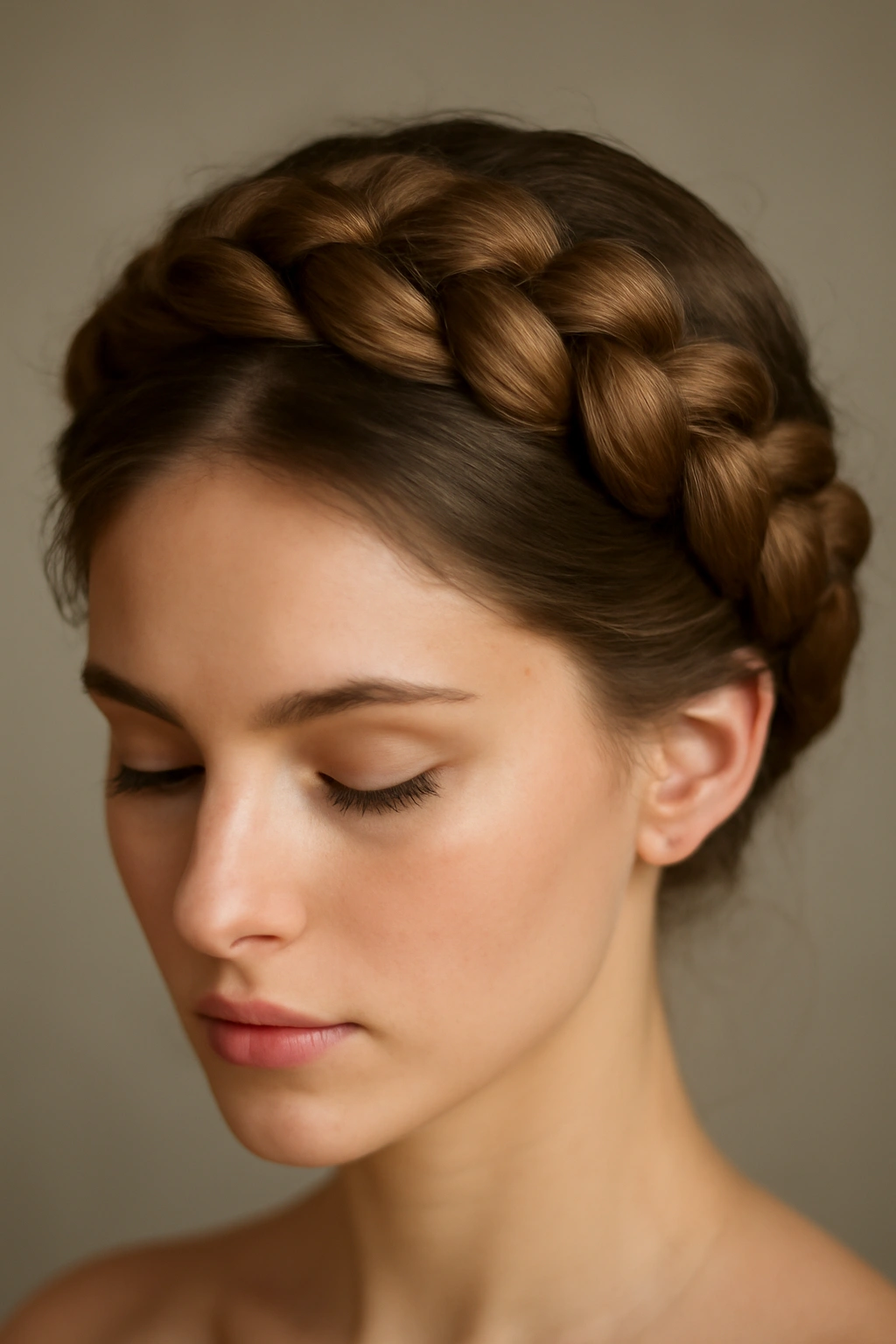 10 Braided Updos to Try on Medium or Long Hair 1 Close-up head with a circular Dutch braid crown around the scalp, showcasing textured braids.