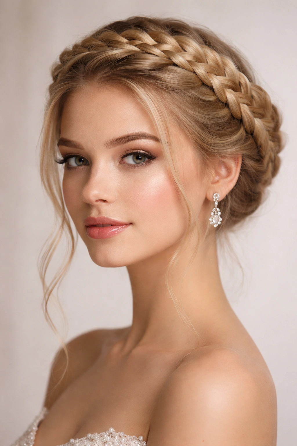 Front-side view of a Dutch braid crown encircling the head