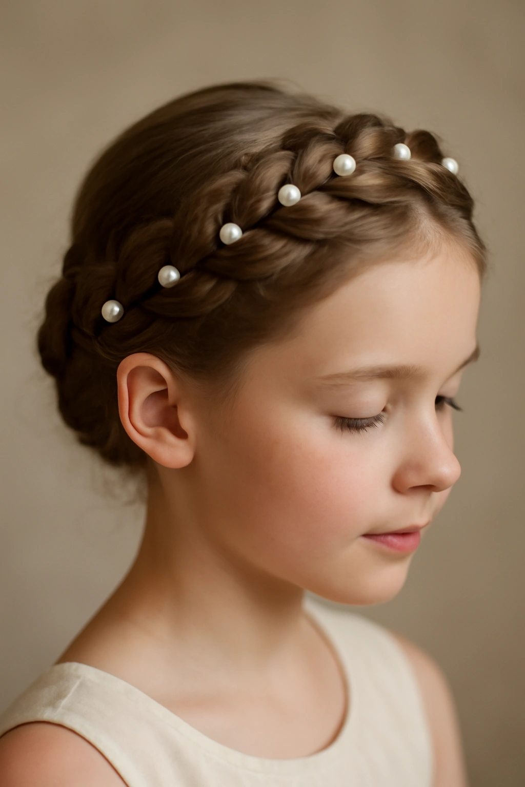 10 Braided Crown Hairstyles Every Flower Girl Needs 9 Flower girl with a raised Dutch braid crown and pearl pins along the braid