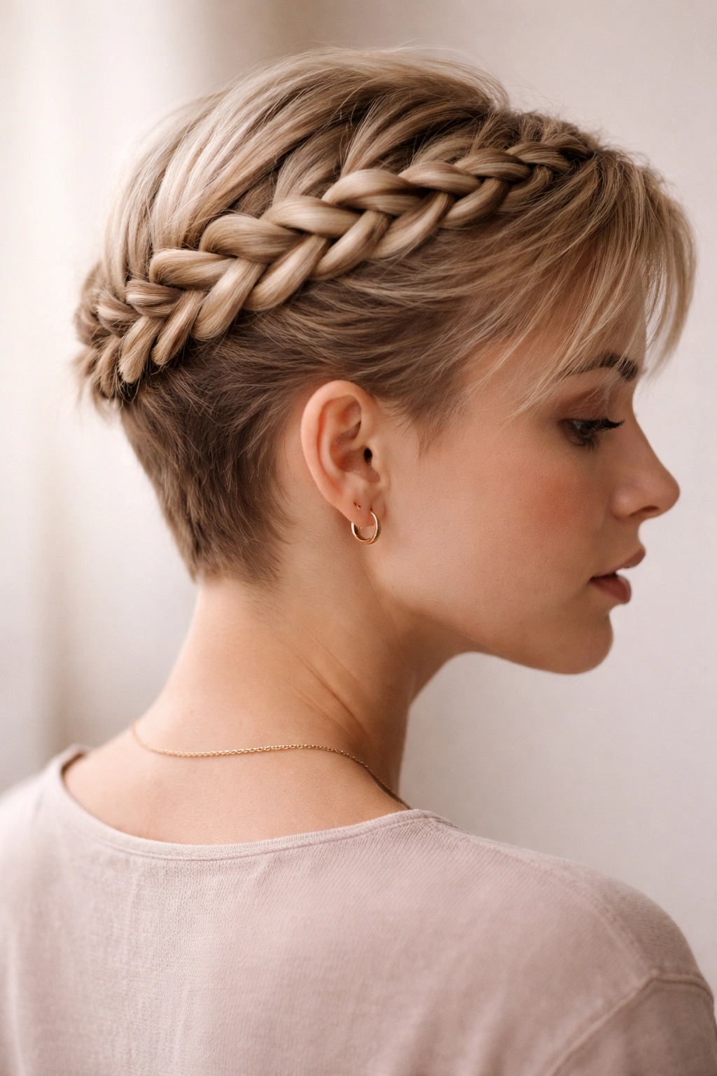 20 Short Braided Hairstyles To Pin Right Now 1 Close-up of a short pixie with a sleek Dutch braid crown across the crown showing texture