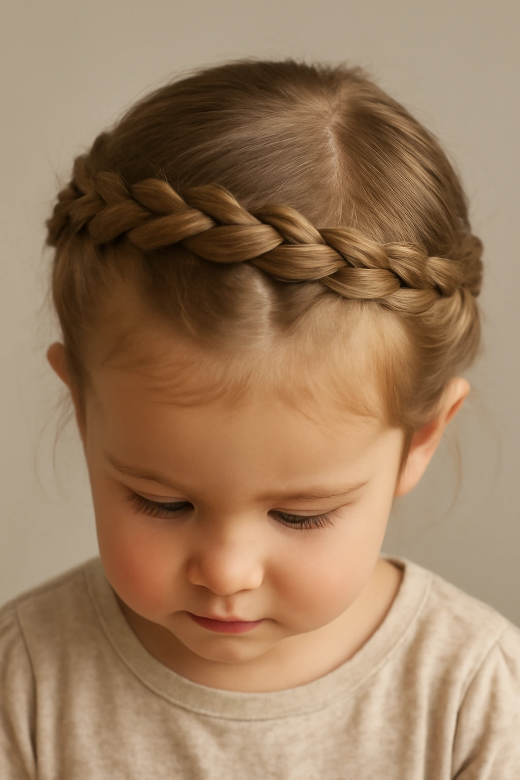 18 Braided Toddler Hairstyles That Won't Come Undone 1 Close-up of a toddler head with a Dutch Braid Crown around the scalp