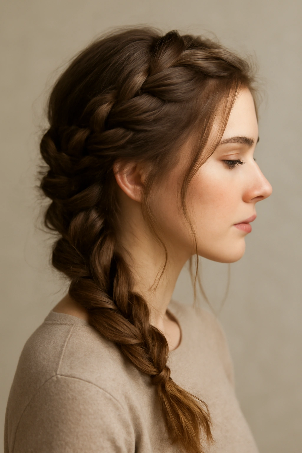 Close-up of a loose Dutch braid along the scalp with soft, undone texture