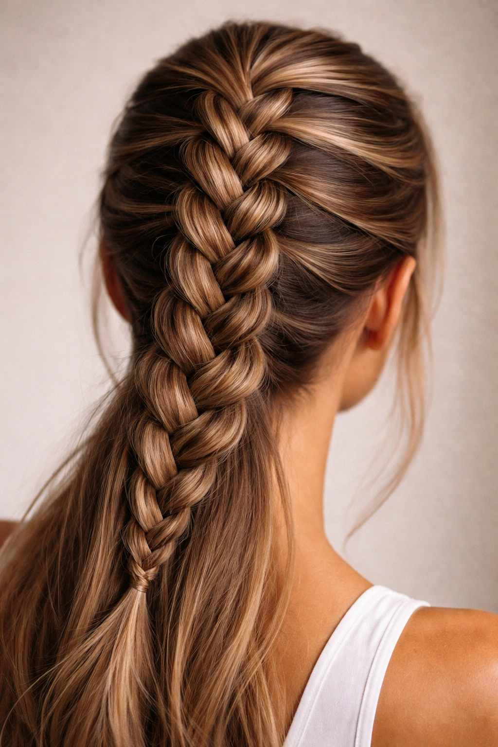 Close-up of a raised Dutch braid along the scalp at the crown