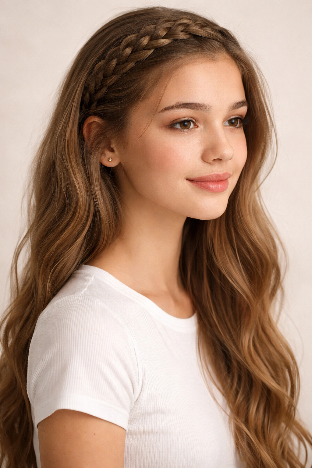 Teen girl with a Dutch braid headband along the hairline and loose hair down
