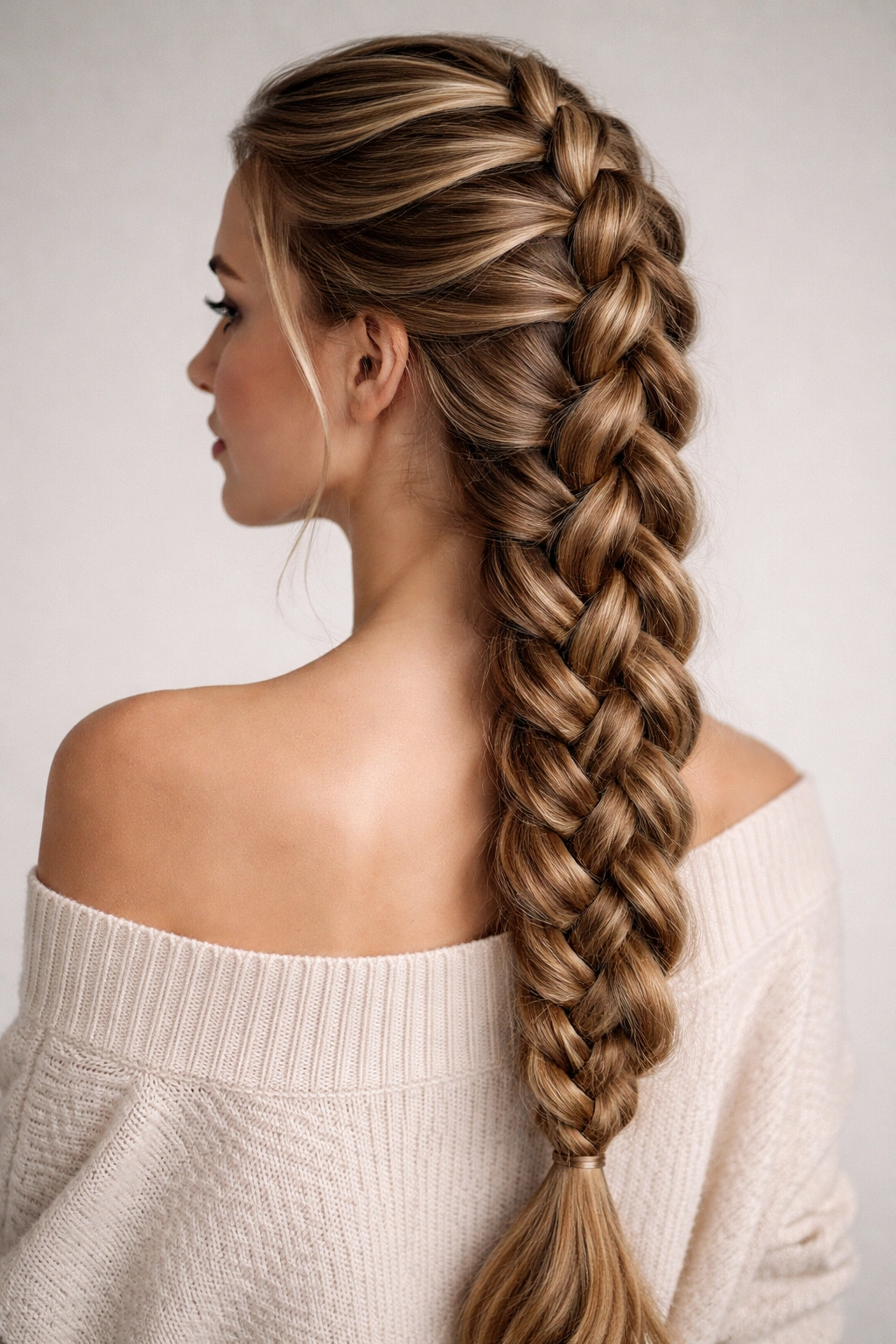 Close-up of long hair with a raised Dutch braid along the scalp.