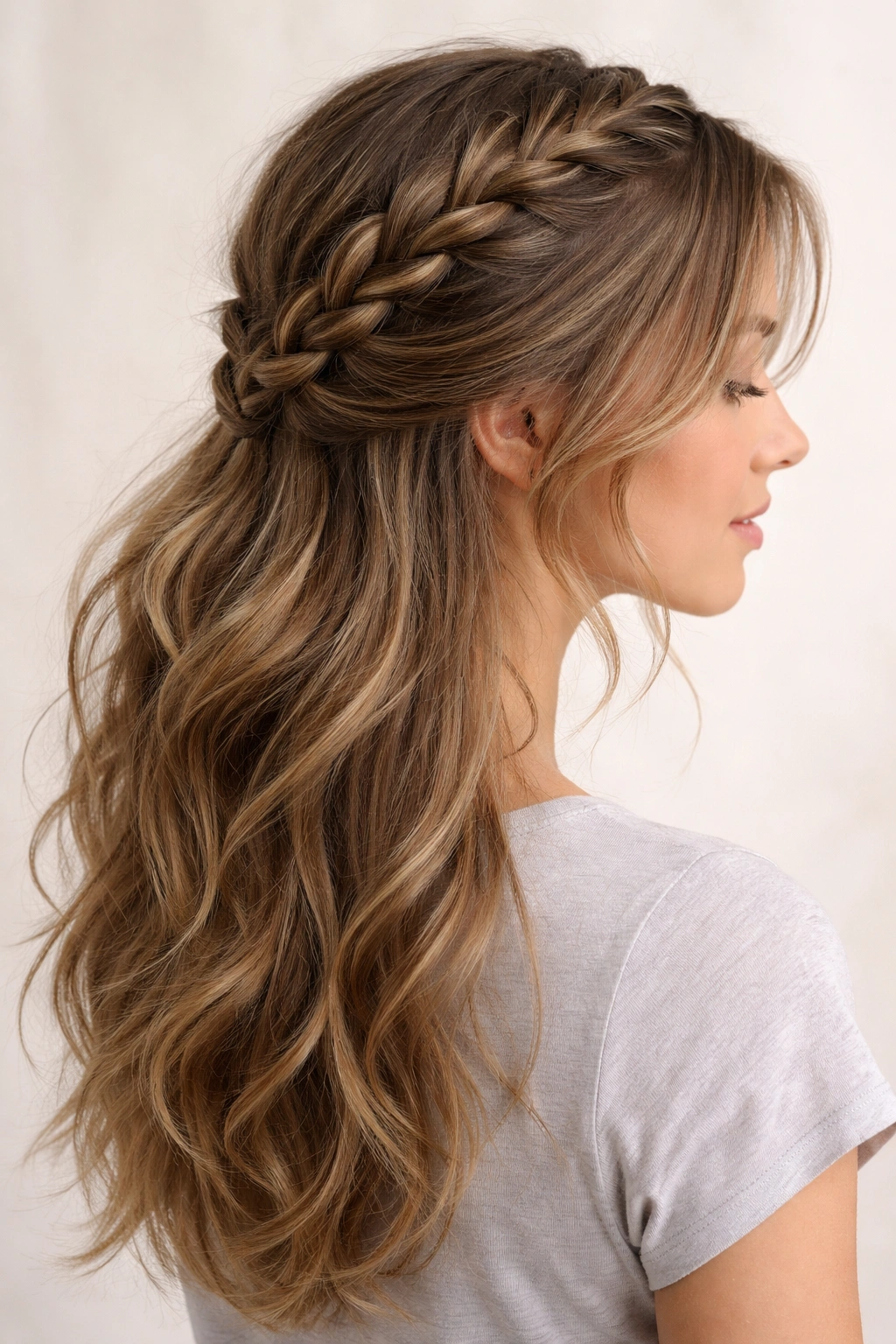 Dutch braid along the crown with loose wisps and layered ends