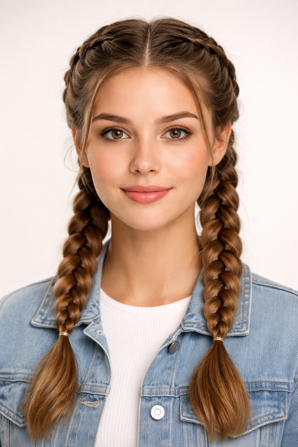 Two Dutch braids forming pigtails from the crown