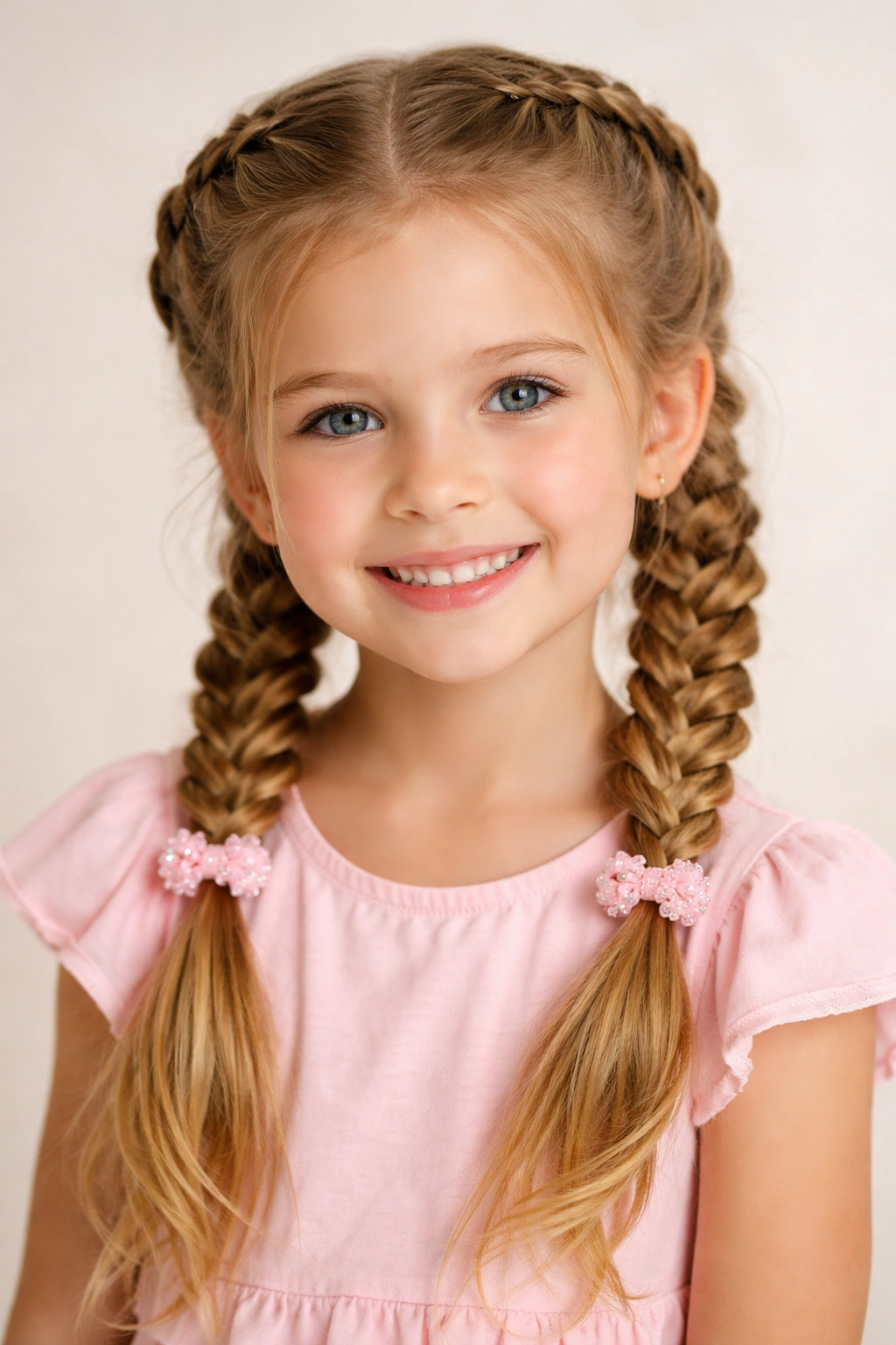 Young girl with two raised Dutch braids forming pigtails