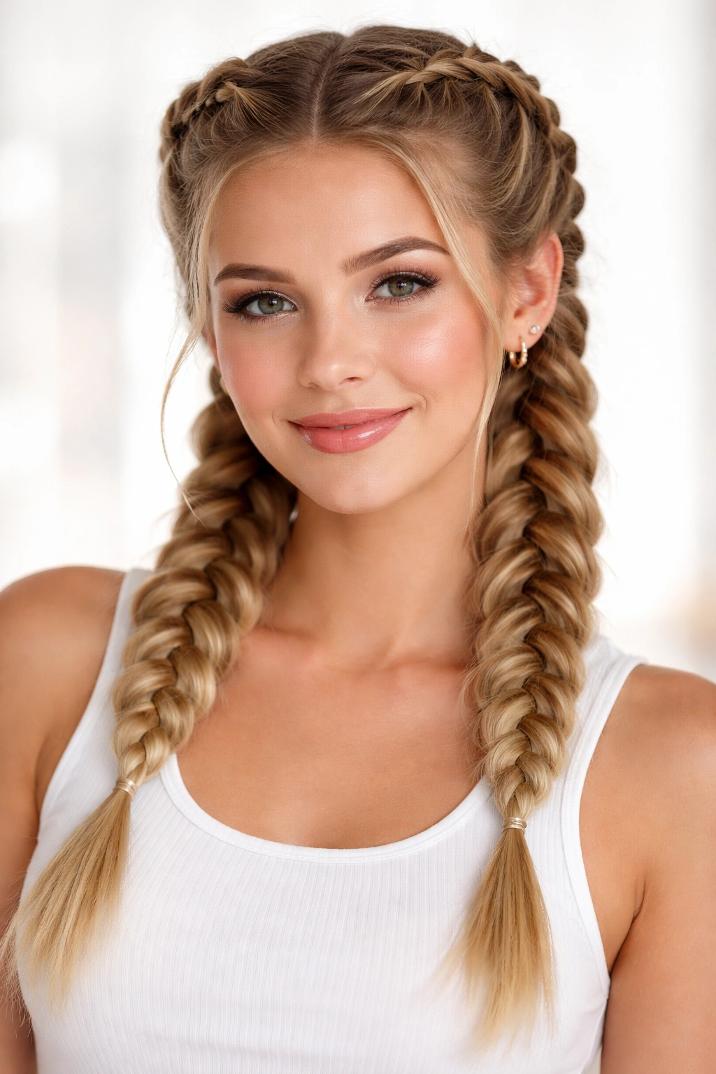 Two Dutch braids forming pigtails from crown to nape.