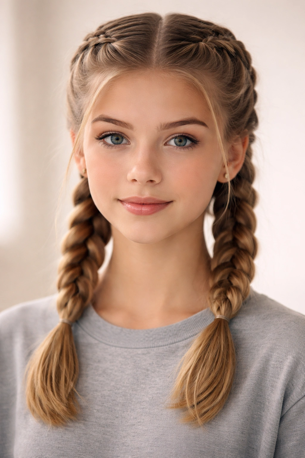 Two Dutch braids along the scalp ending in low pigtails