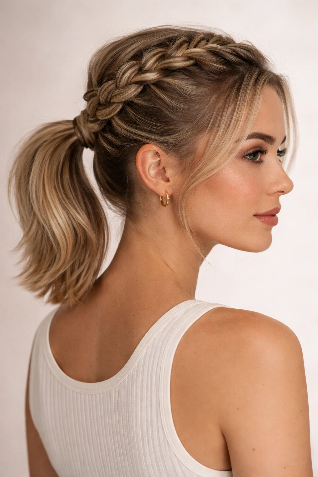 Dutch braid leading into a low ponytail