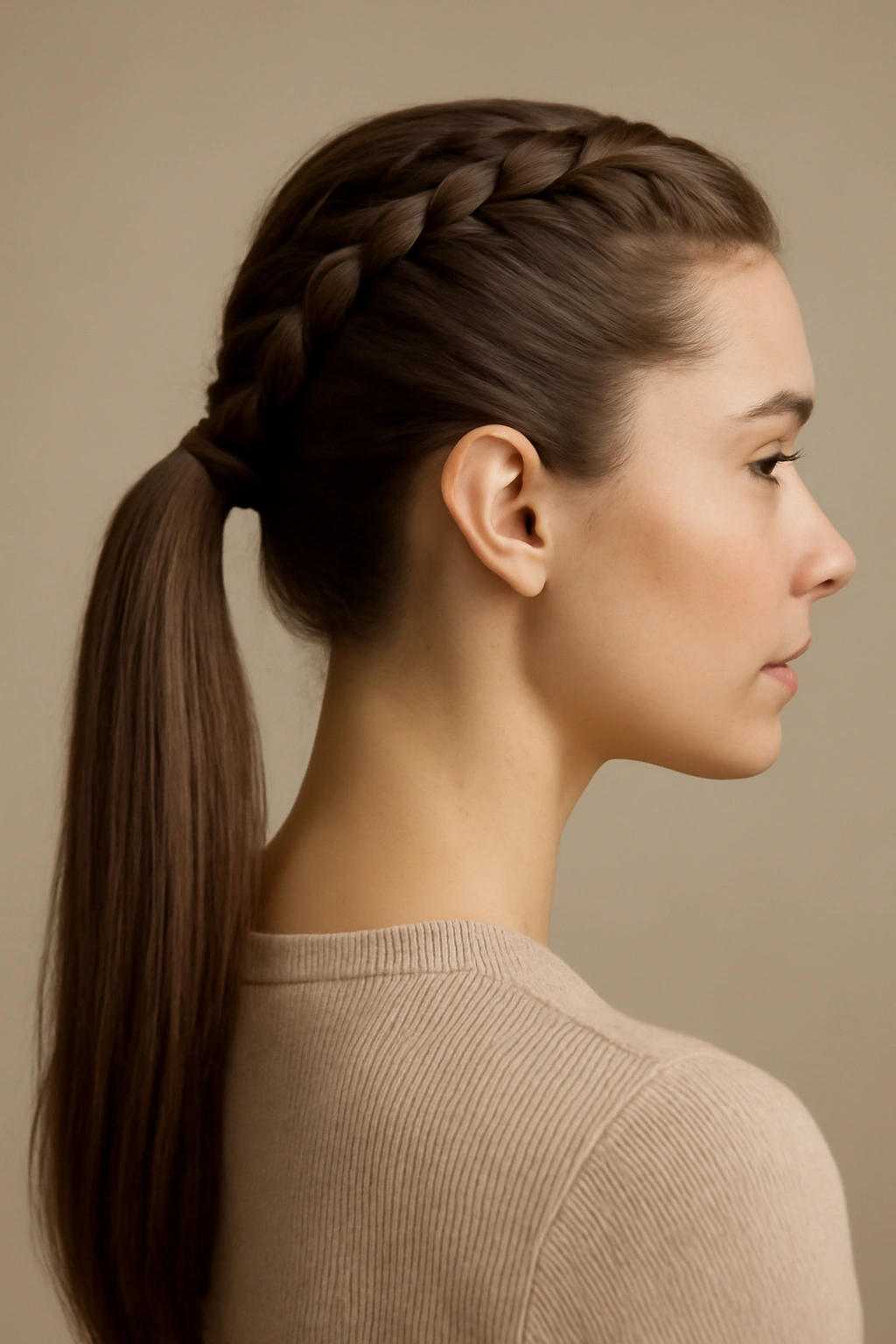 Profile view of a Dutch braid flowing into a ponytail with seamless transition