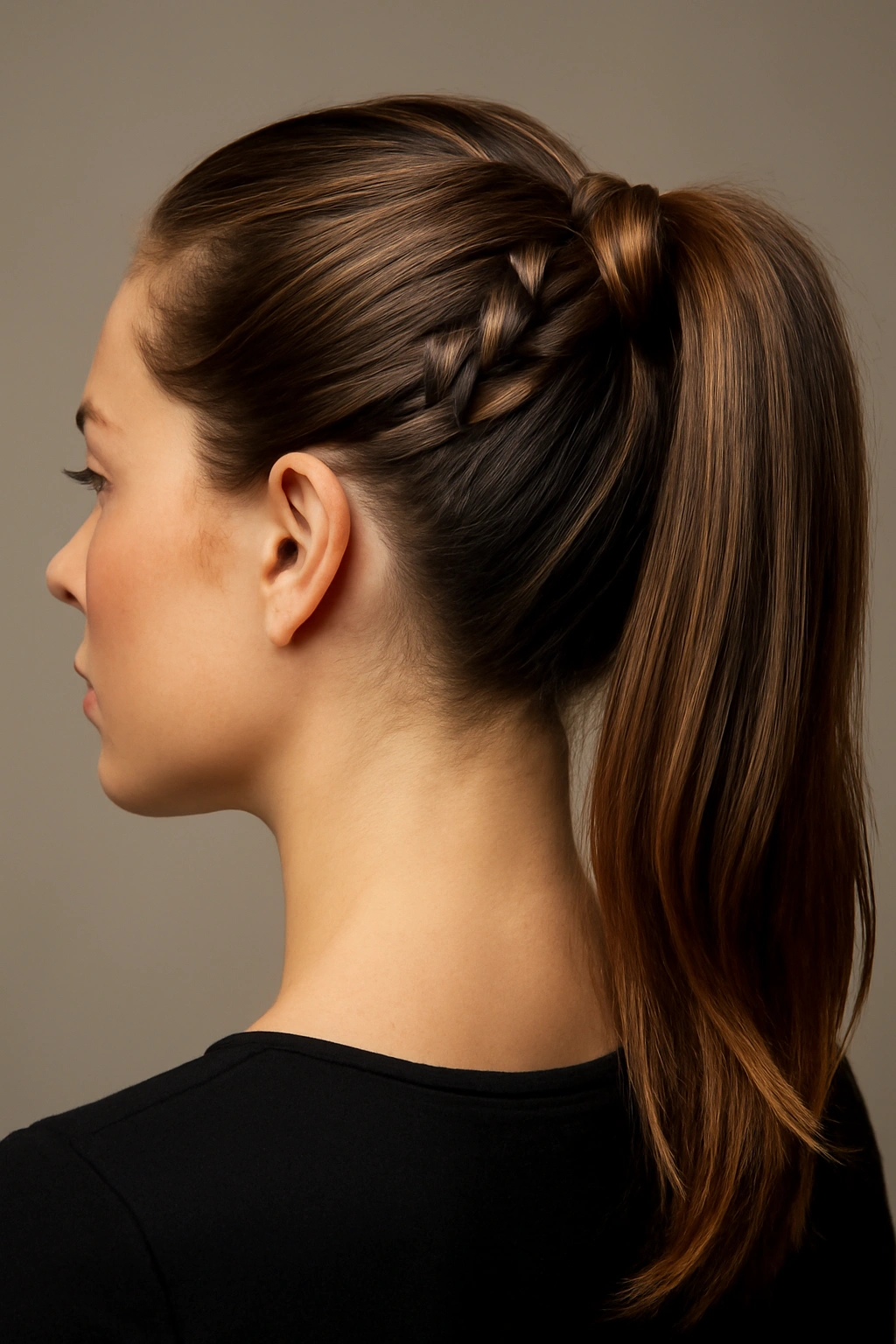 Close-up of a Dutch braid wrapping around a ponytail base